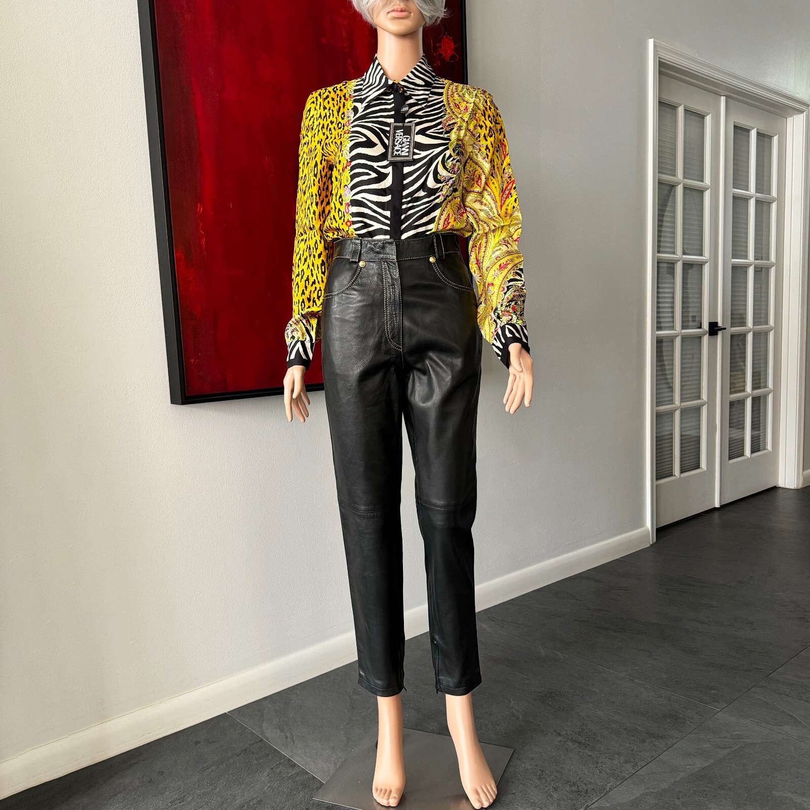GIANNI VERSACE black leather pants w/ gold stitch size IT 42 from F/W 1992/93