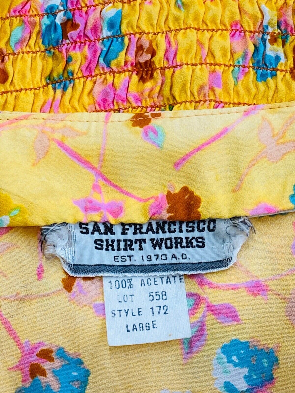 Vintage 1970s yellow floral crop top blouse, smocking stretch boho long sleeve