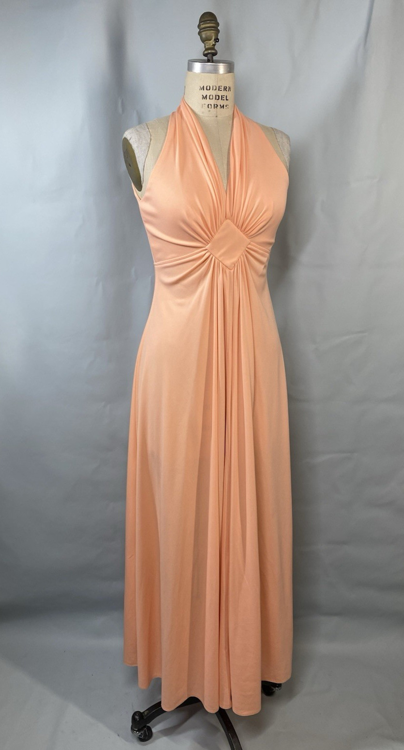 Vintage Dress SIZE SMALL peach orange long maxi 60s 70s halter sleeveless disco
