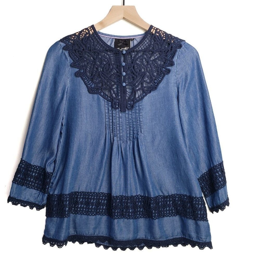 Nanette Lepore Tencel Victorian Blouse S Crochet Lace Neckline Blue Top Shirt