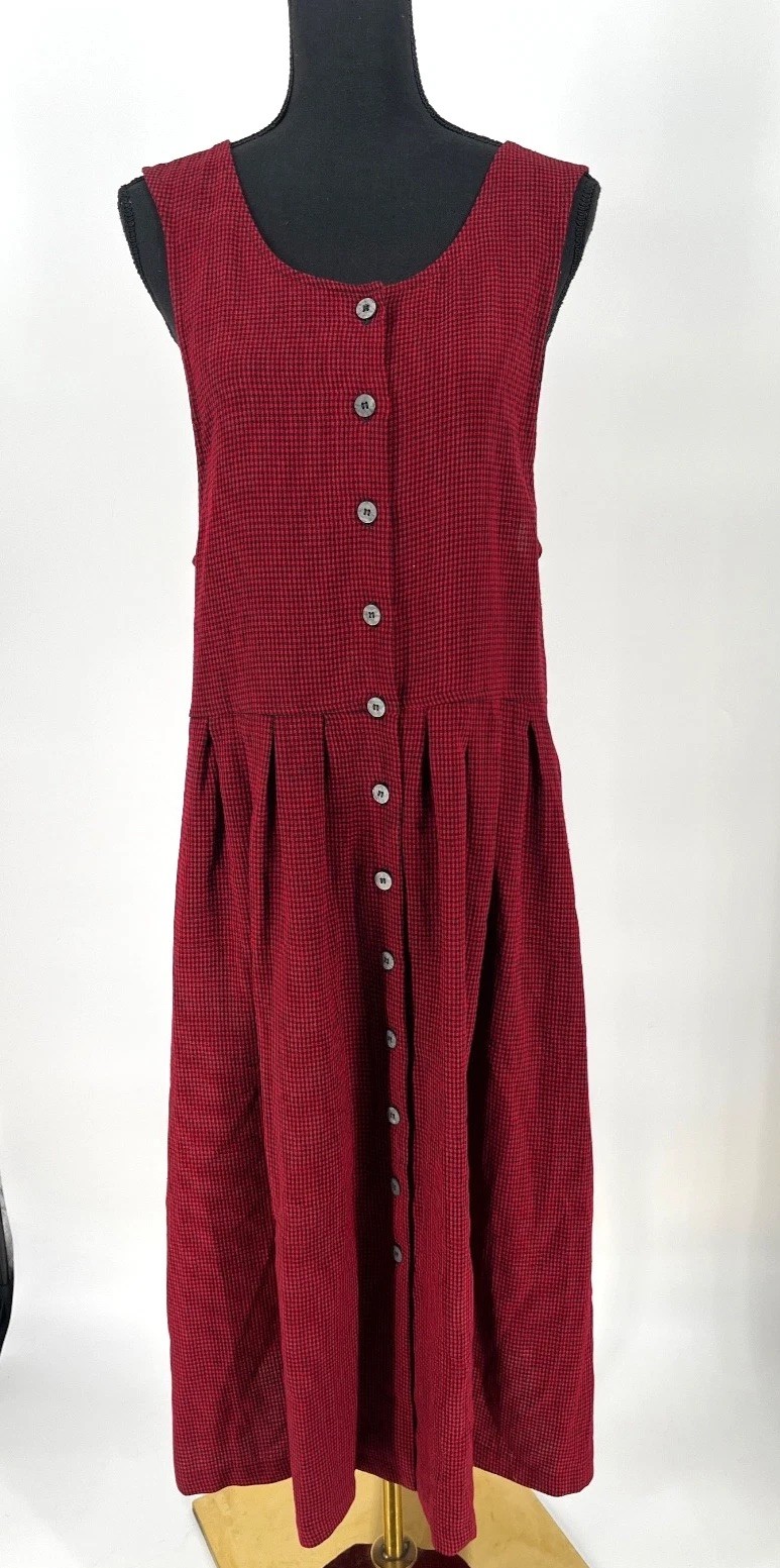 Vtg 90s FADS Red Black Gingham Grunge Dress M Button Front Cottagecore Teacher