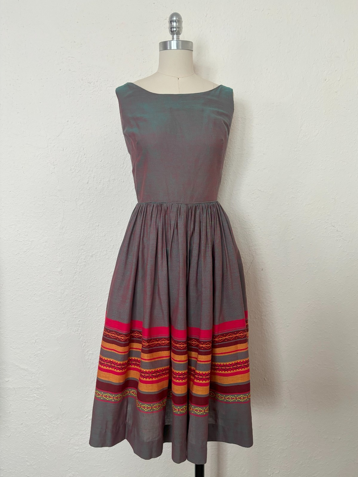 1950s Blue and Red Cross Dyed Dress, by Hoaloha, Extra Small to Small