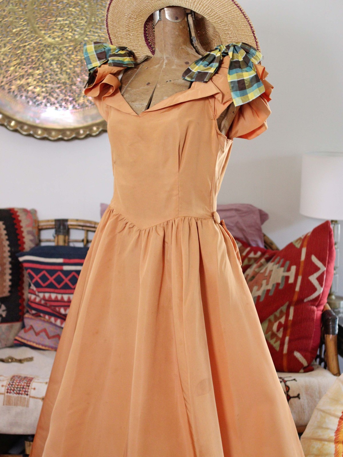 VTG 40s Southern Bell Maxi Gown Dress Ruffle Shoulders Bustle Back Gold Apricot