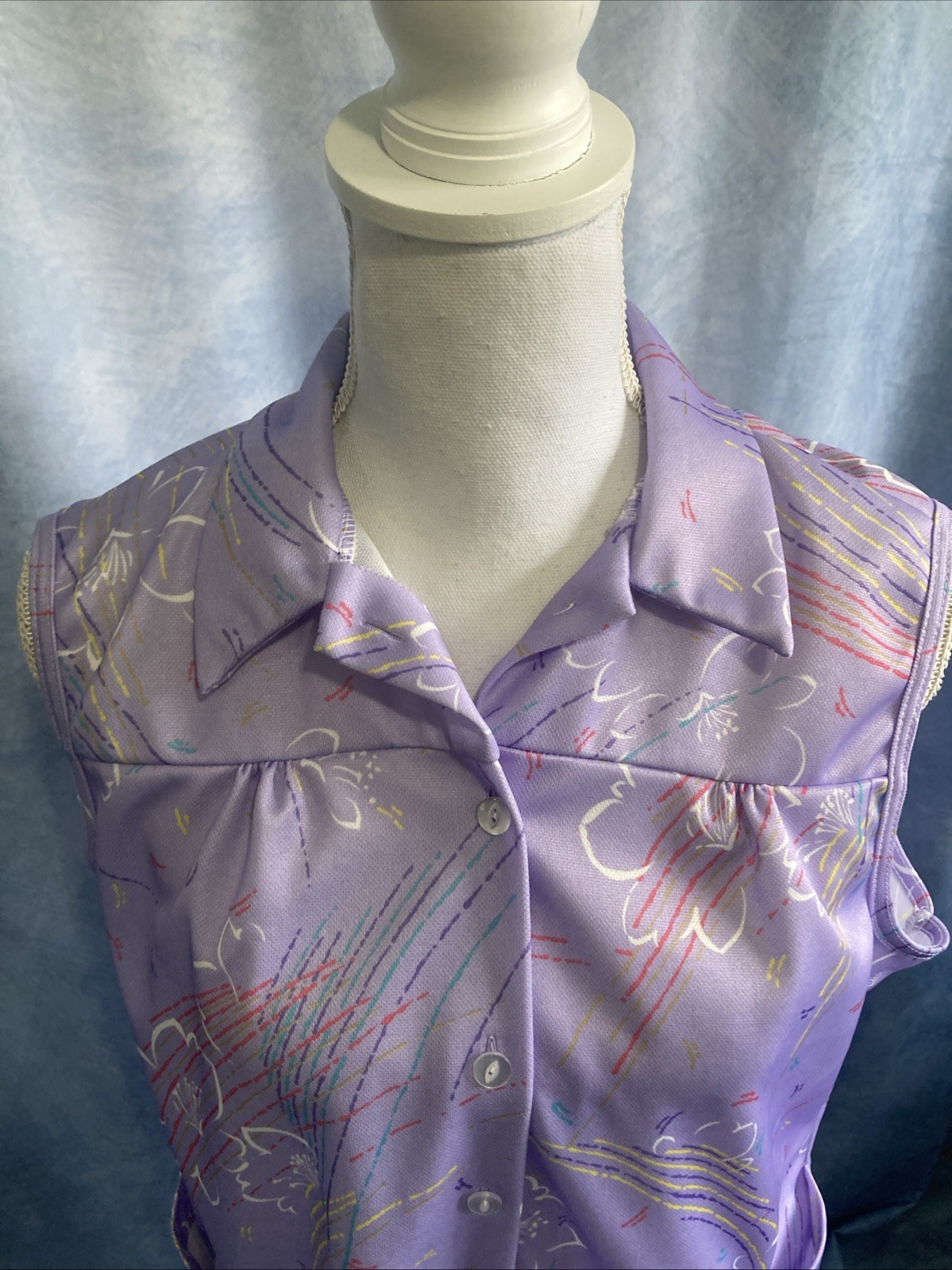 Vintage 70s Purple Abstract Floral Smock Blouse Sleeveless Polyester GUC Size L