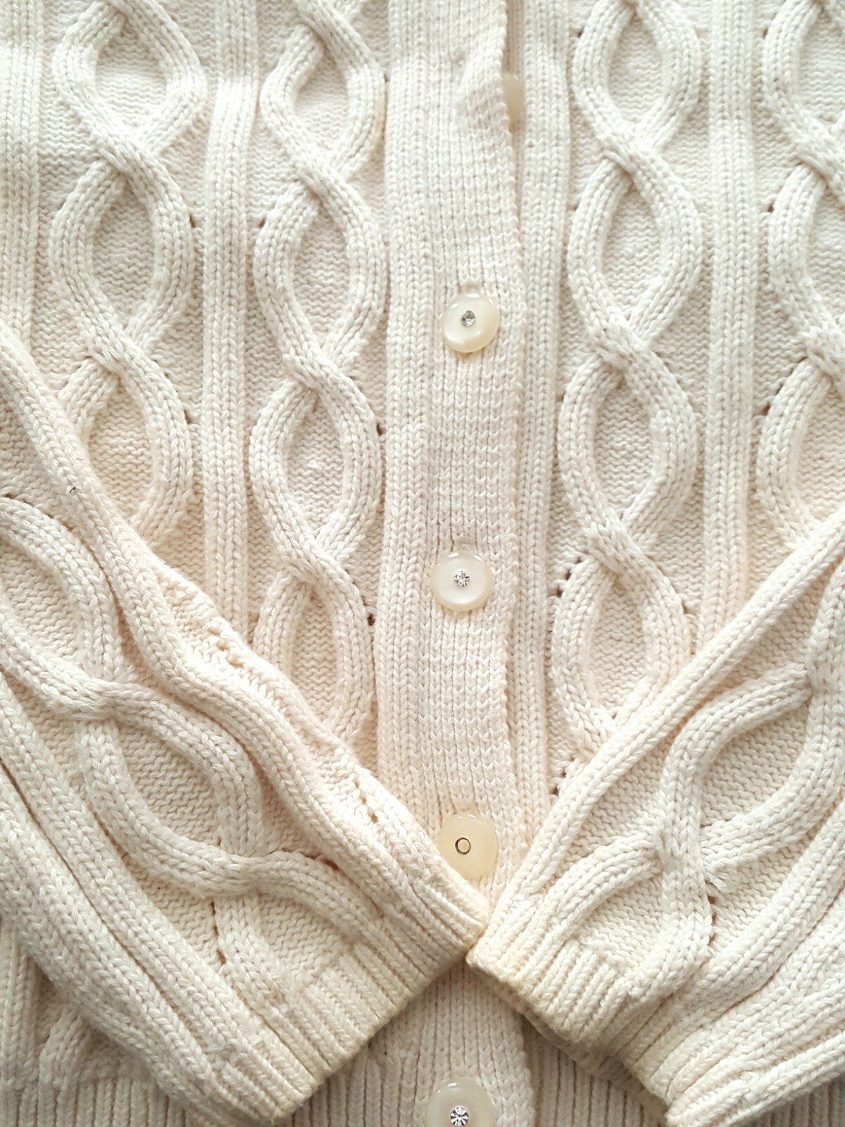 Vintge Jillian Jones Ivory Cotton Sweater Cardigan Rhineston Button M See Measur
