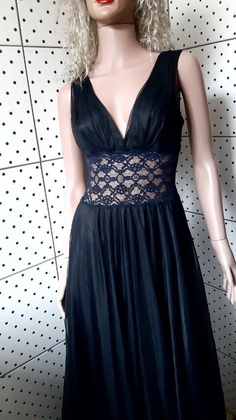 Vintage 80s Black Nylon Peignoir Dress Sexy Guipure Layered Chest 86cm/34″