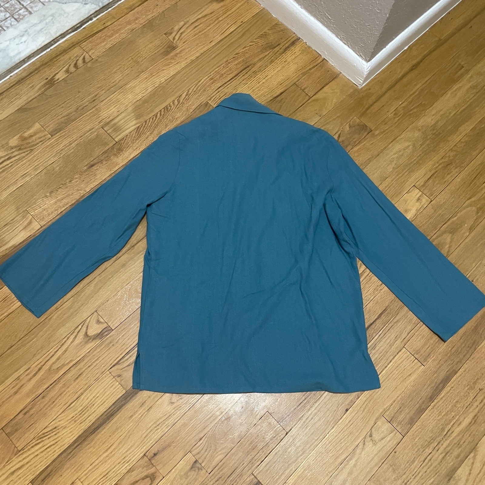 Vintage Blair SML 100% Raw Silk Button Down Shirt Teal Blue Long Sleeve Blouse