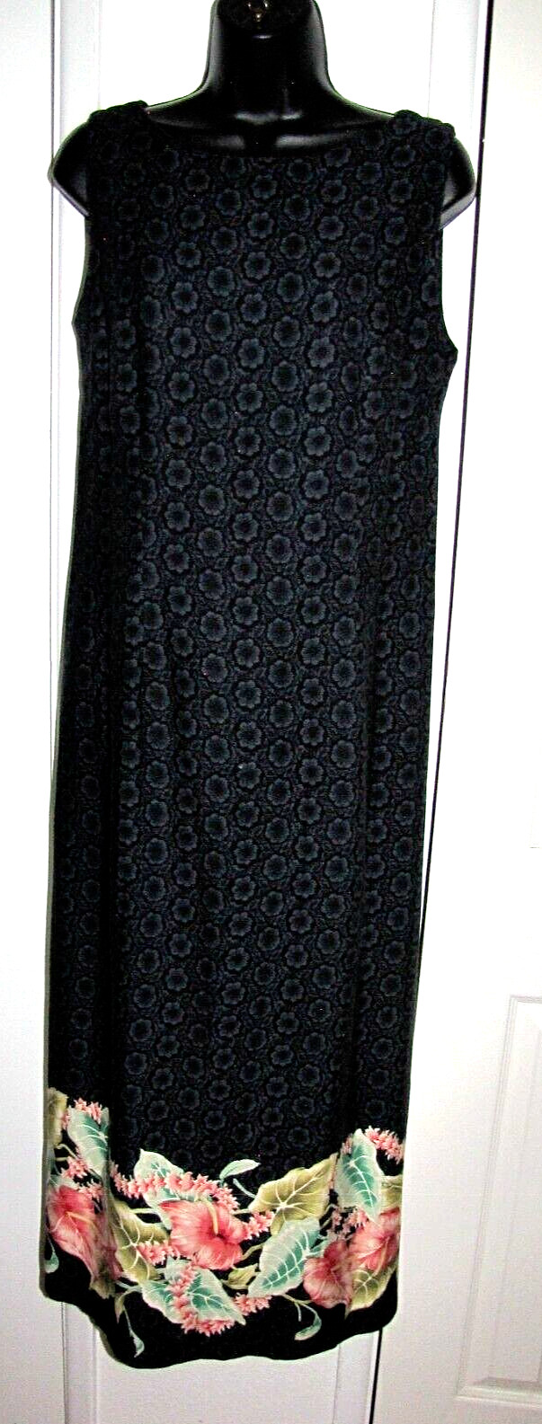 VTG 90s Norm Thompson USA straight dress Women Hawaiian-flower-print-hem Navy 10