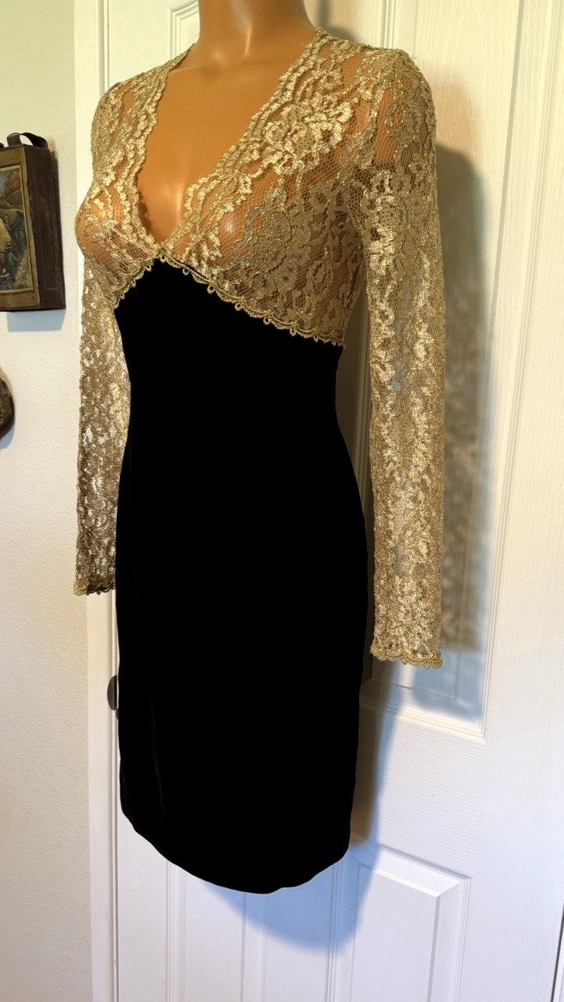 VTG 80’S SCOTT McCLINTOCK BLACK VELVET W/ METALLIC GOLD LACE DRESS SZ 4 (S)