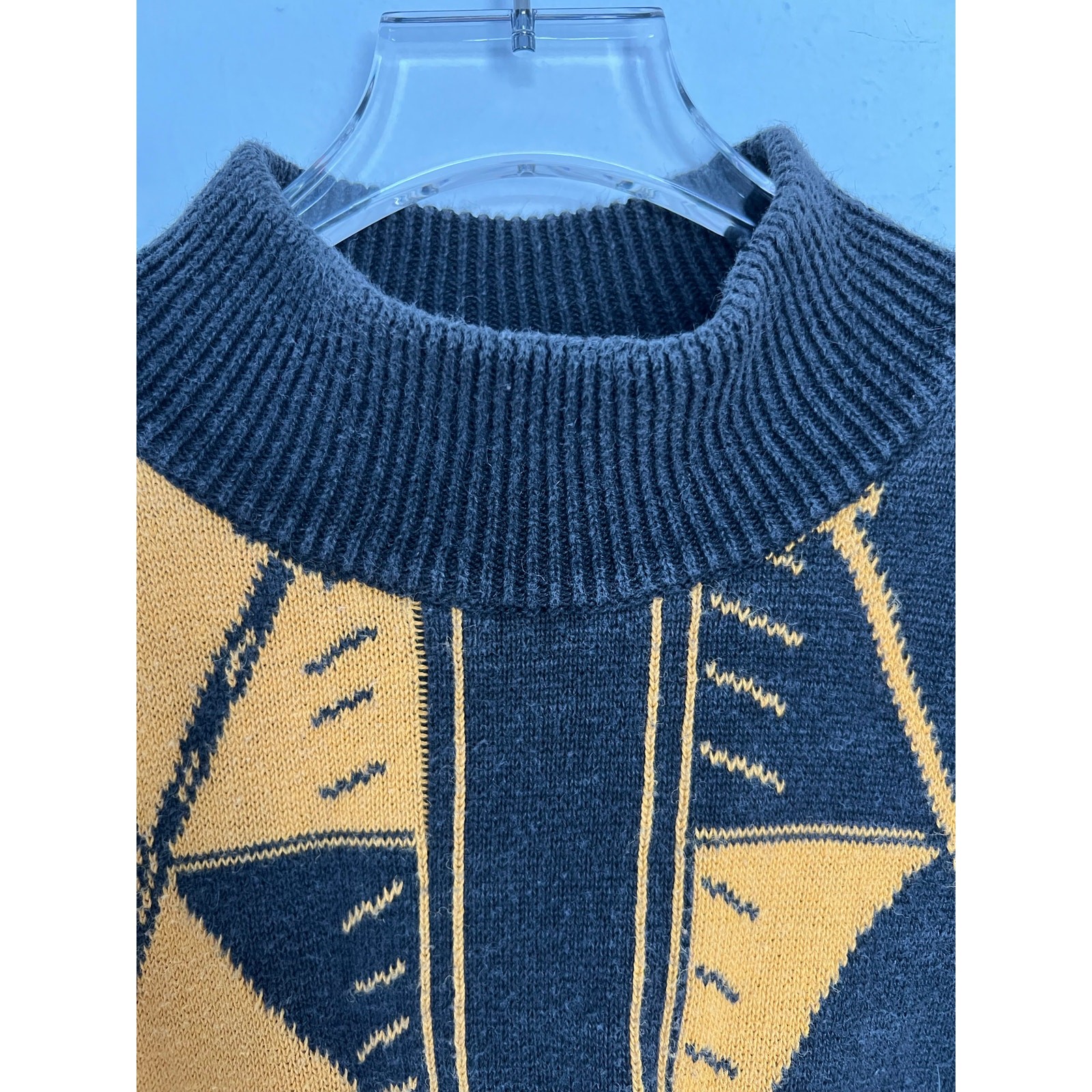 Vintage Generra 80s Graphic Chessboard Mockneck Sweater Black & Mustard Knit M