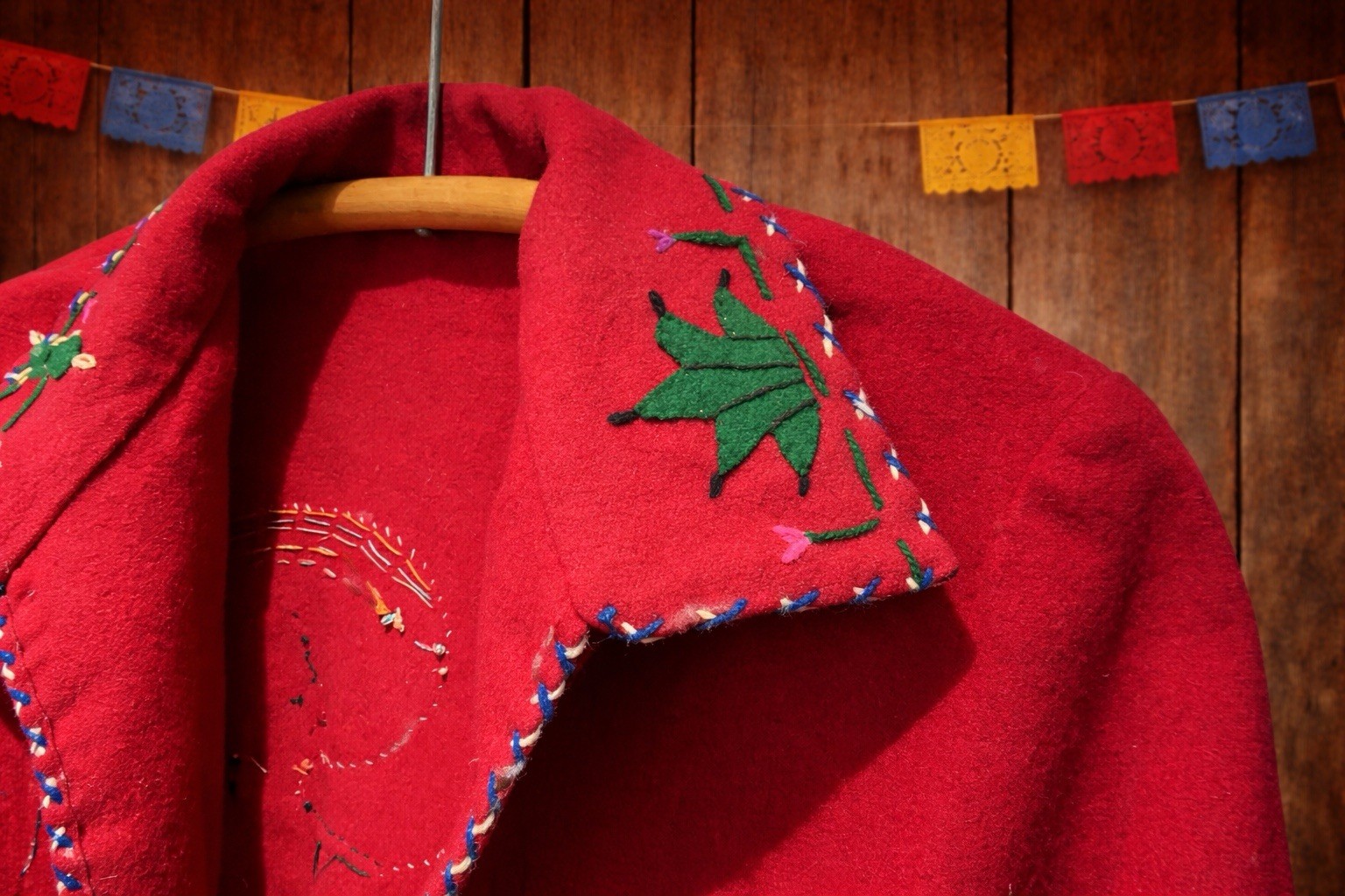 Vintage 1950s Mexican Hand Embroidered Red Wool Folk Art Jacket