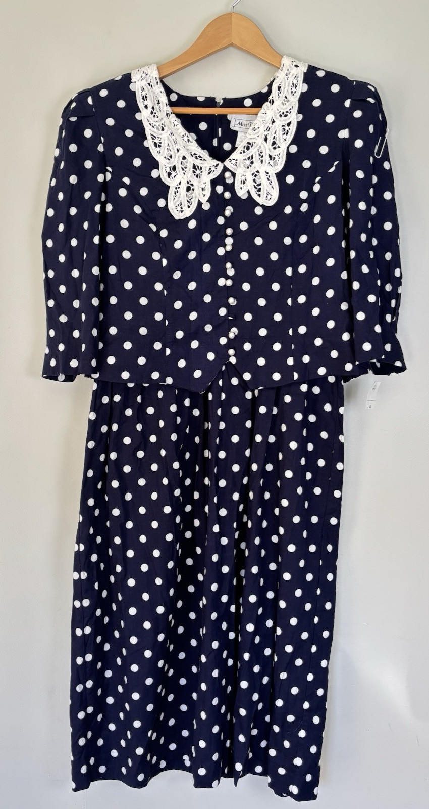 VTG 1980s Miss Dorby Polka Dot Maxi Dress-Lace Collar-Size 12P-NWT-Cottagecore