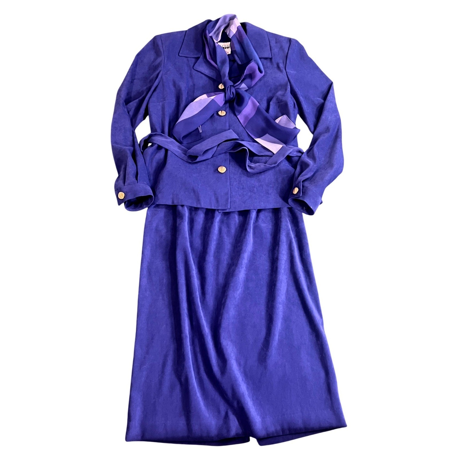 Vintage 8 Petite Blue Purple FauxSuede Skirt Suit Set Gold Buttons 80s 90s Retro