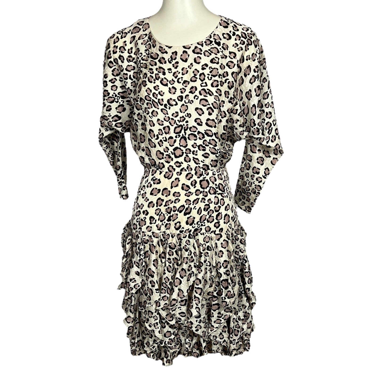 Vtg Lauren Alexandra XS 100% Silk Dress Leopard-Print 80s Knee-Length Dolman