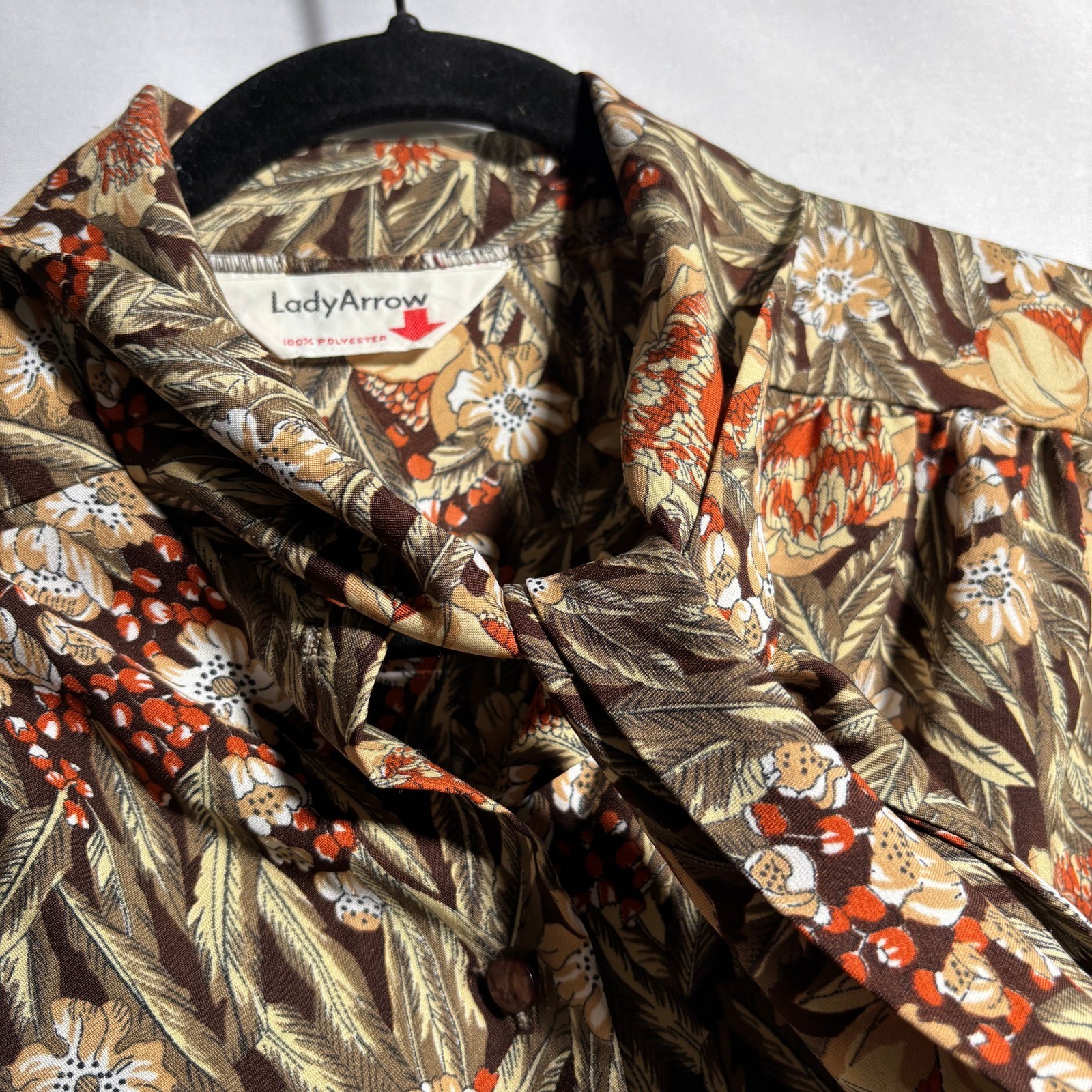 VTG 70s Lady Arrow Floral Pussy Bow Brown Orange Long Sleeve Secretary Top XL
