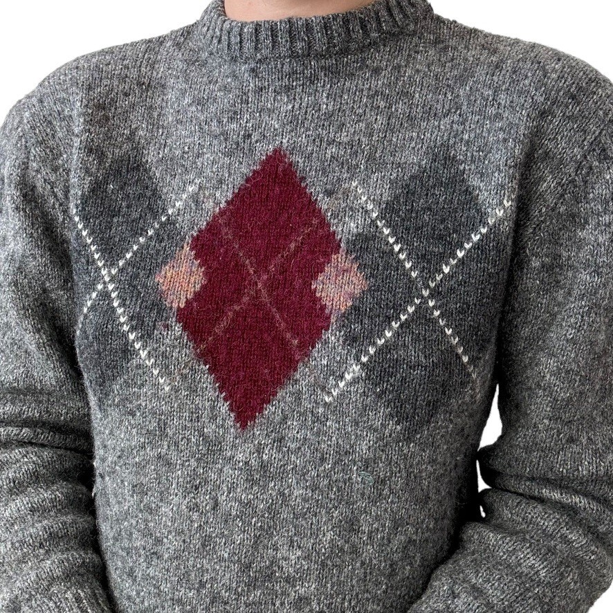 Vintage 1970s McGregor Gray Womens Argyle Preppy Wool Blend Sweater Sz M