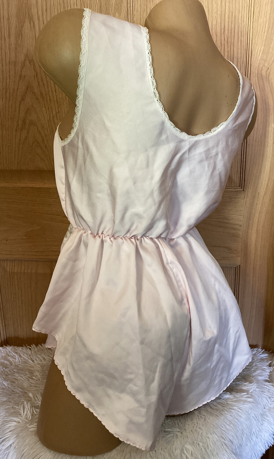 Vtg Teddy PINK Lace flutter Tap Bodysuit Playsuit CHANTILLY Lace One Piece #L9
