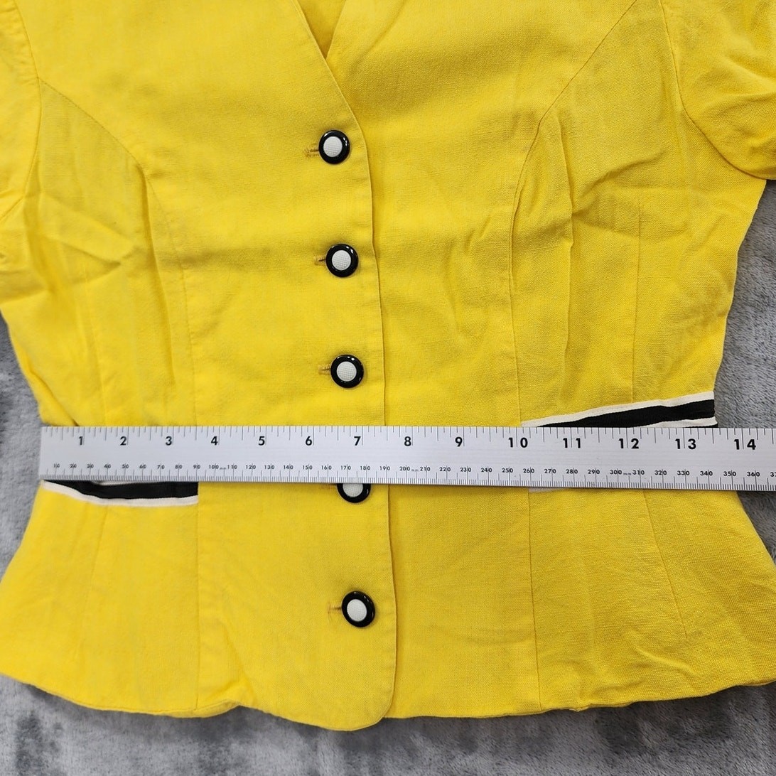 Vintage 70s Leslie Lucks Top Womens 4 Yellow Black Collarless Blazer Buttons Bow