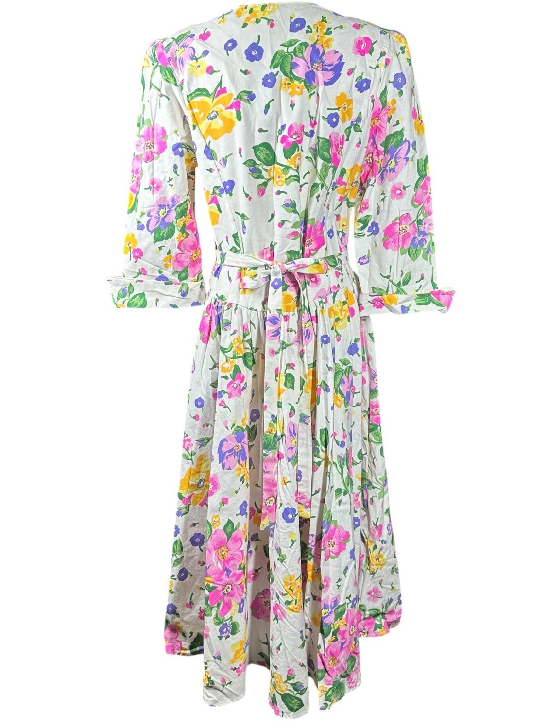 Vtg 80s Cottagecore White Pink Floral Midi Dress Drop Waist Shoulder Pads Sz 12