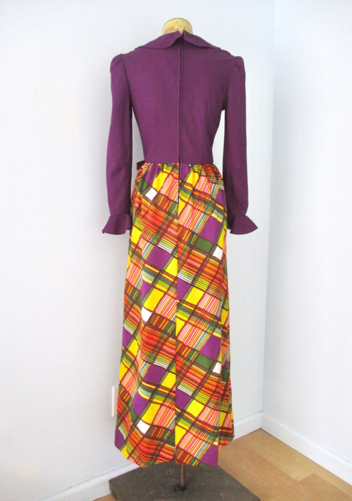Vtg 70s Gay Gibson purple yellow red plaid poly knit hostess maxi dress bow XS/S