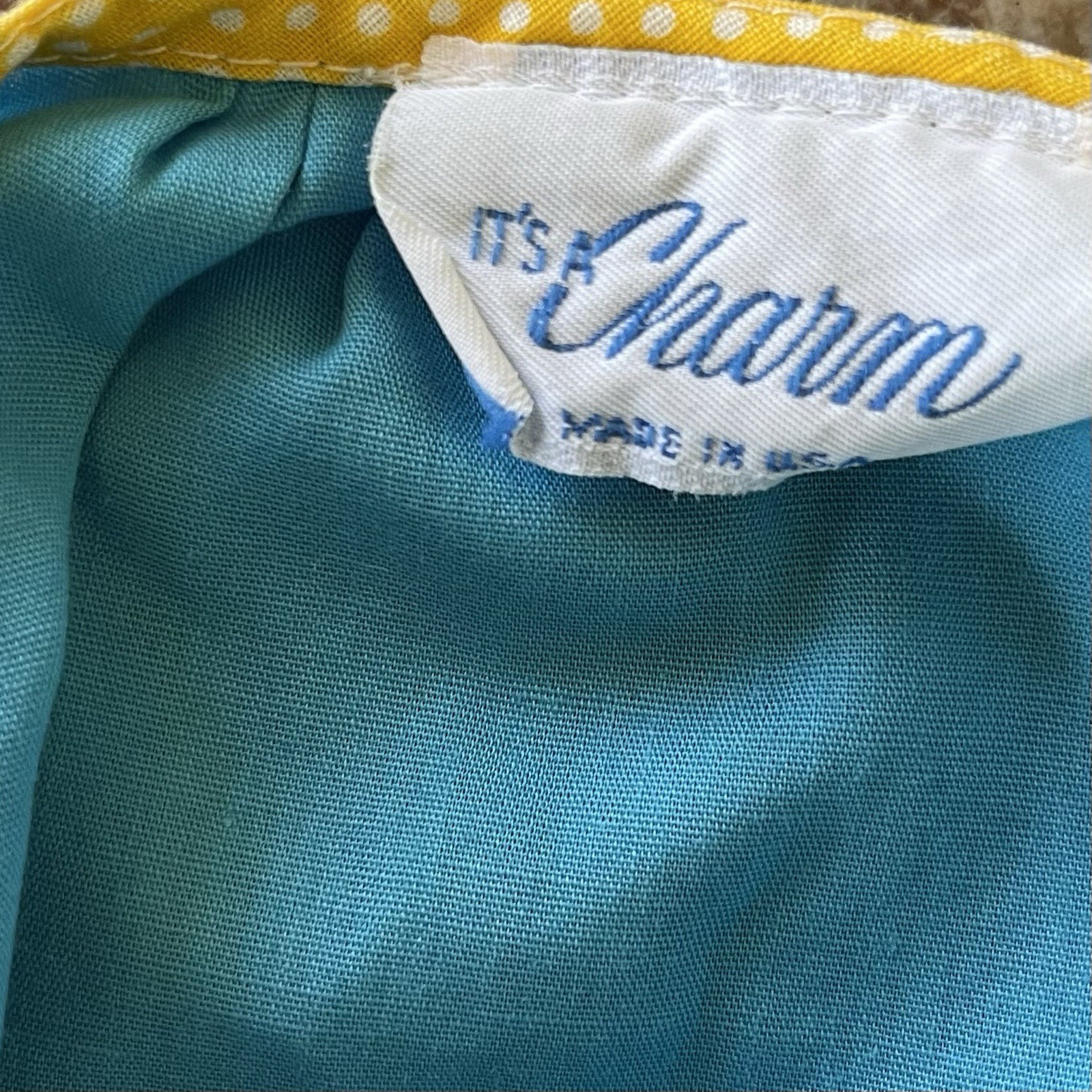 Vintage It’s A Charm Pineapple House Dress Blue Yellow Dot Size L Made In USA
