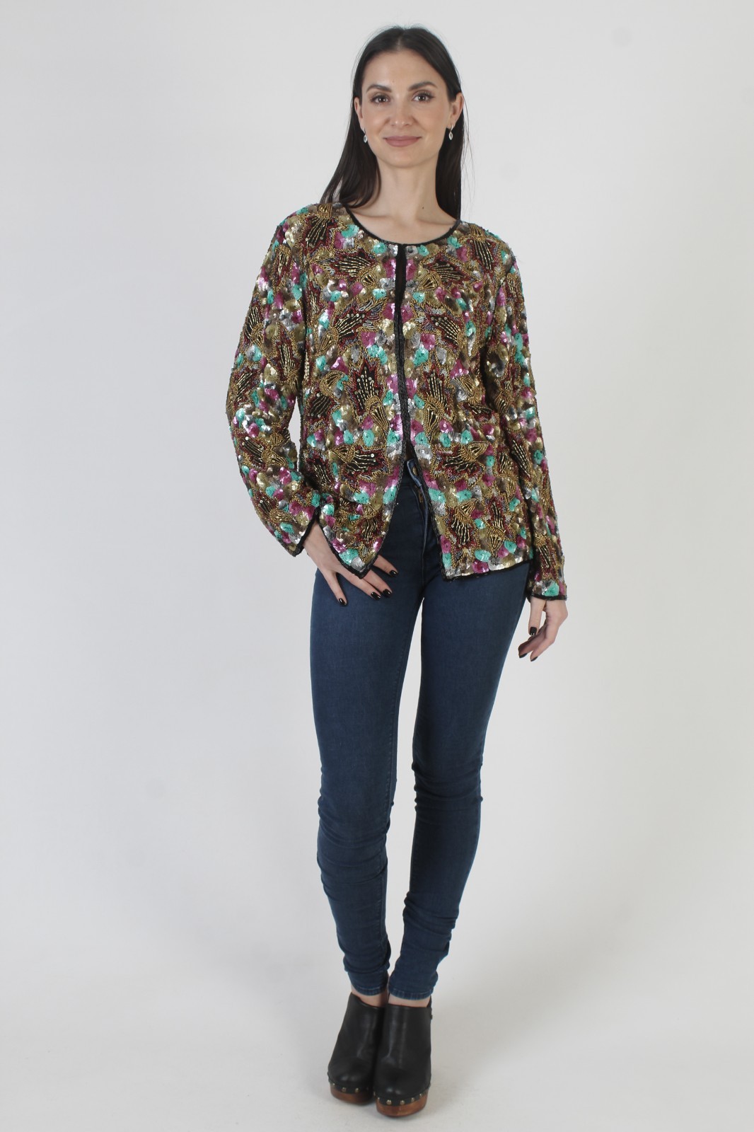 Vintage 80s Beaded Sequin Blazer Colorful Encrusted Sparkle Cropped Jacket