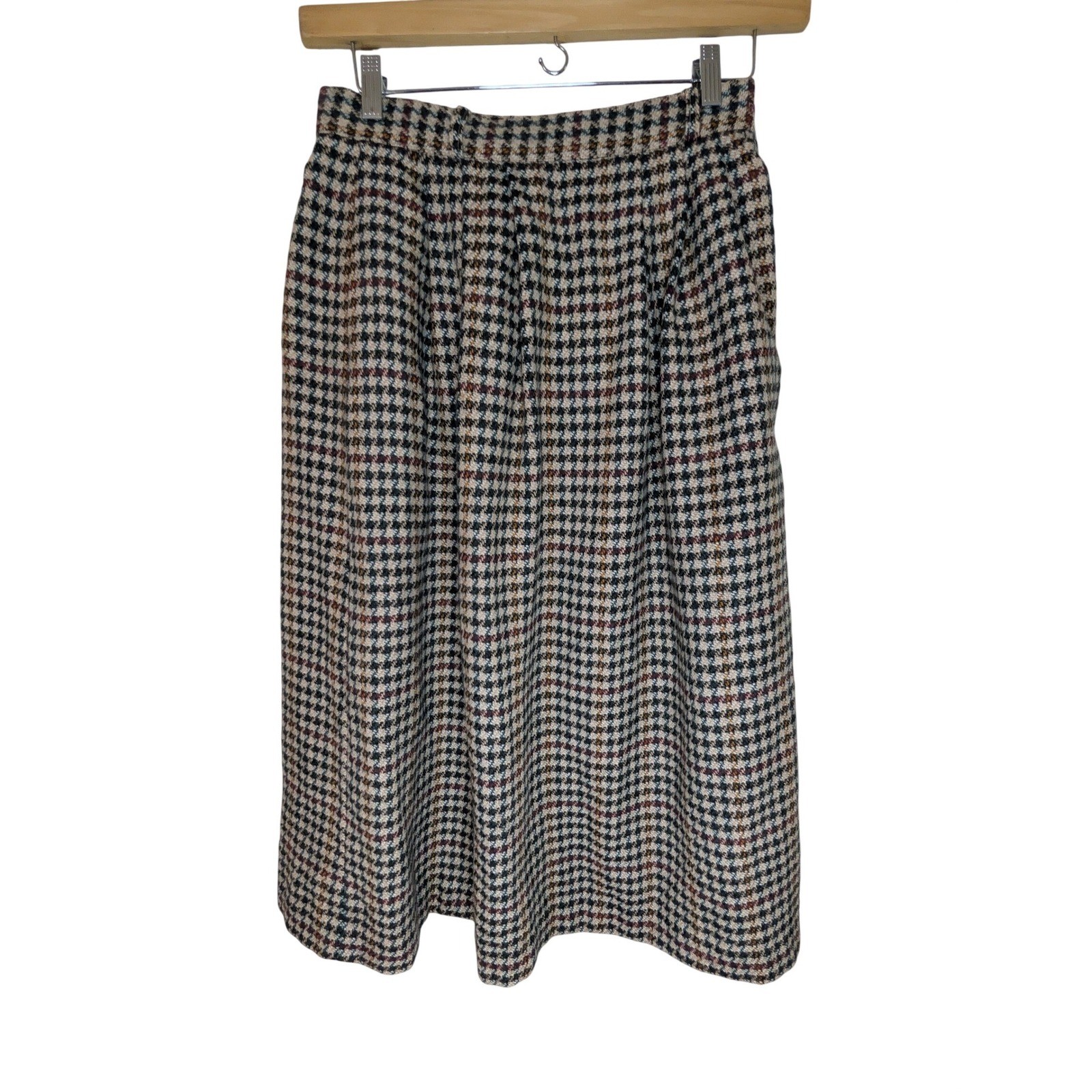 AUSTIN HILL Vintage 100% Wool Tweed Houndstooth Midi Skirt Pockets 10 Academia