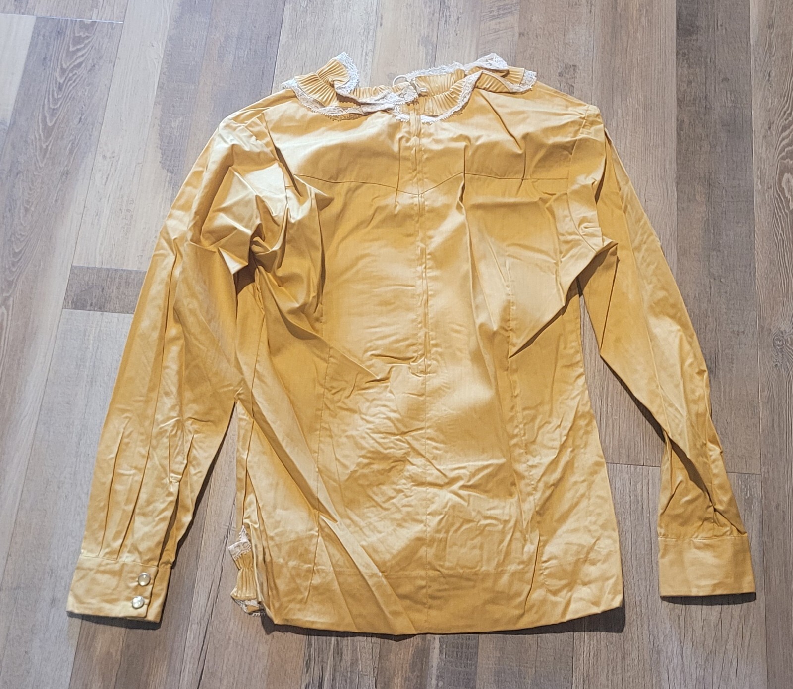 New Vintage H Bar C Womens Yellow Mustard Victorian Ruffle Blouse Shirt Lace