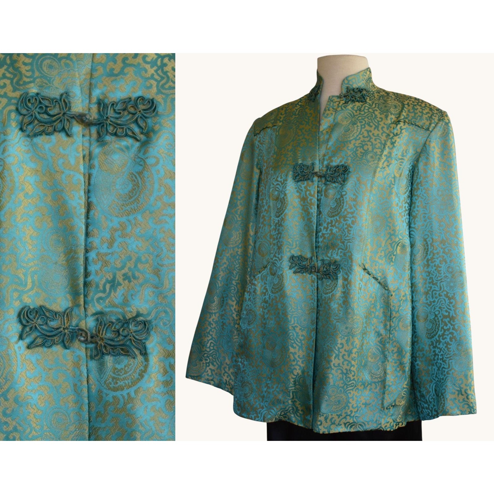 Vintage 60s Silk Jacquard Asian Jacket, Aqua Blue and Gold, Size L Large