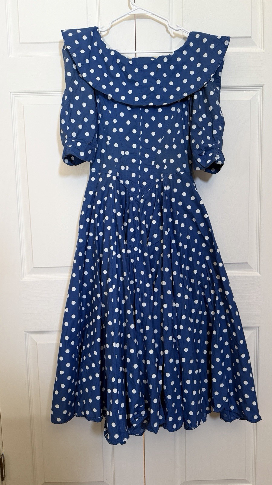 Vintage Karen Alexander 80s Blue Polka Dot Cotton Full Sweep Dress Size 8