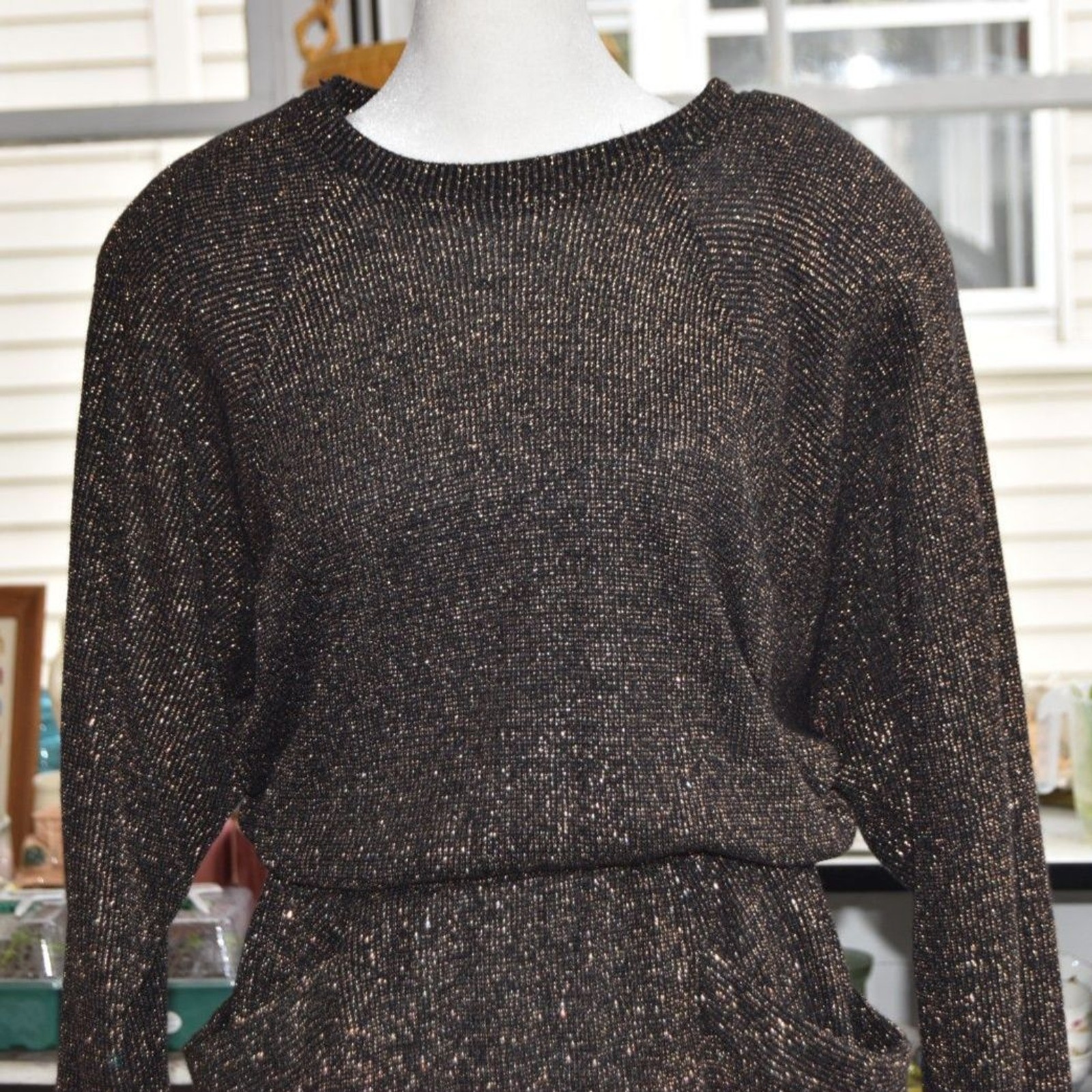 Vintage Choon California Metallic Lurex Disco Dress 70s 80s Black Bronze M/L
