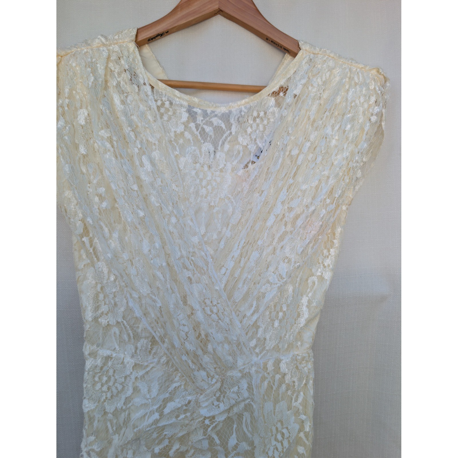 Vtg Coquette Cream Lace Dress Handkerchief Hem Ruched Seneca Alternative Bride