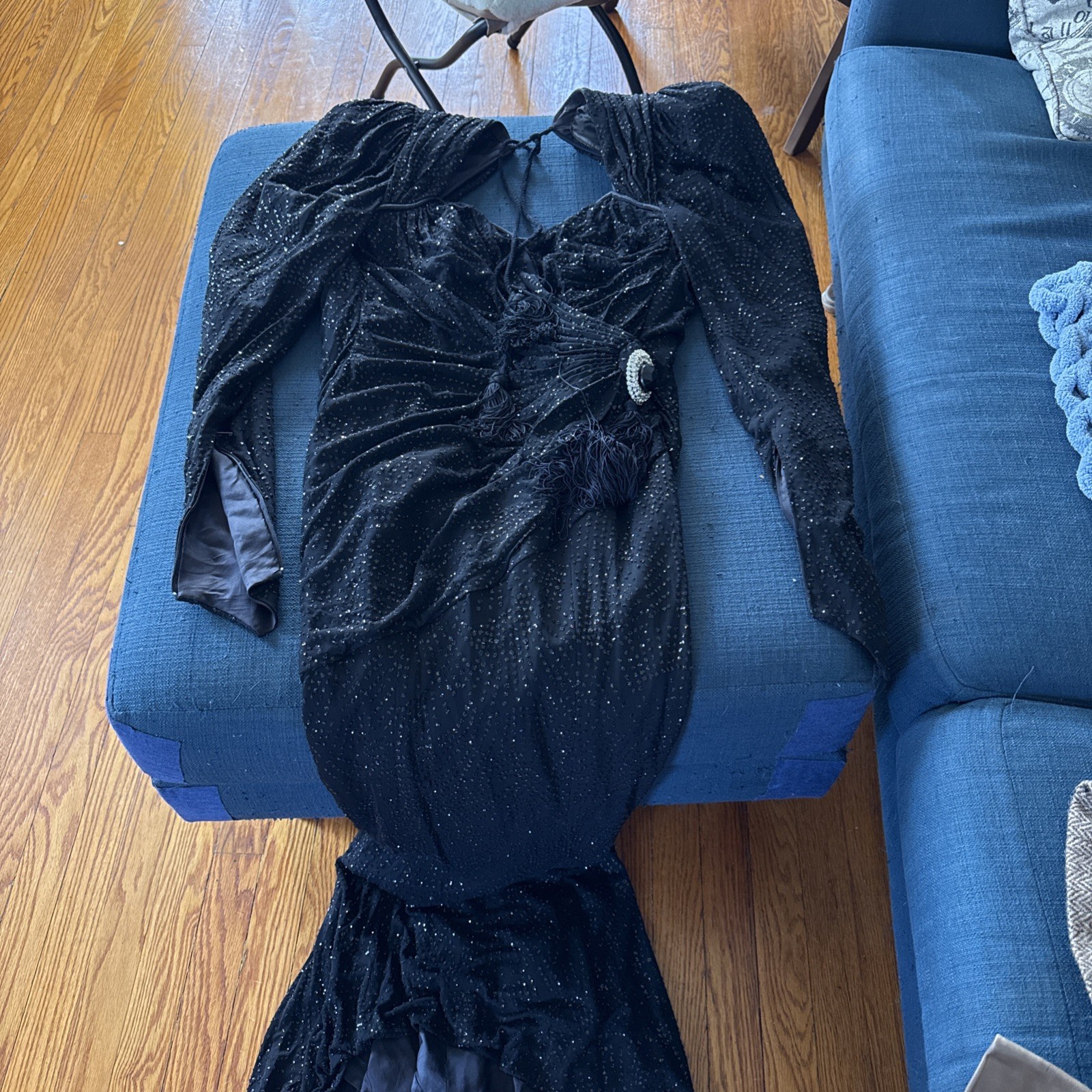 Vintage Claude Petin Paris Black Beaded Rhinestone EvnGown Cocktail Dress Tassel