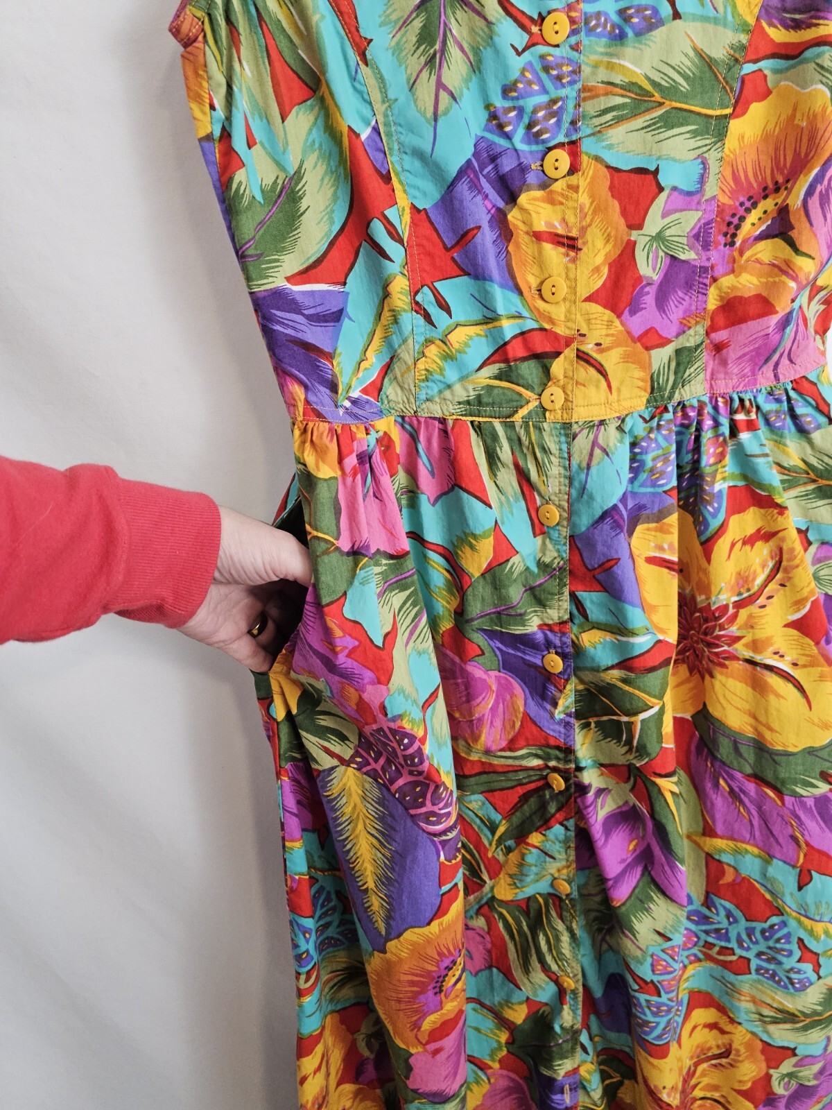 90s Vintage Dress Peek Hole Back Tropical Print Button Front Flare Pockets M