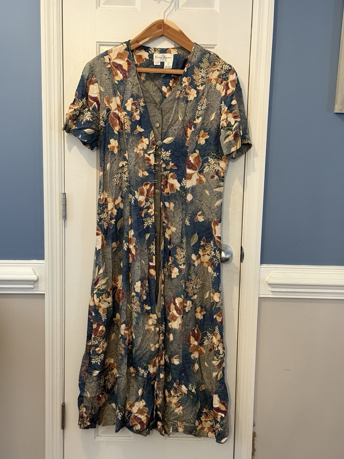Betty Barclay Vintage Floral Maxi Cottage Button Dress Size 14 Tan blue Classy