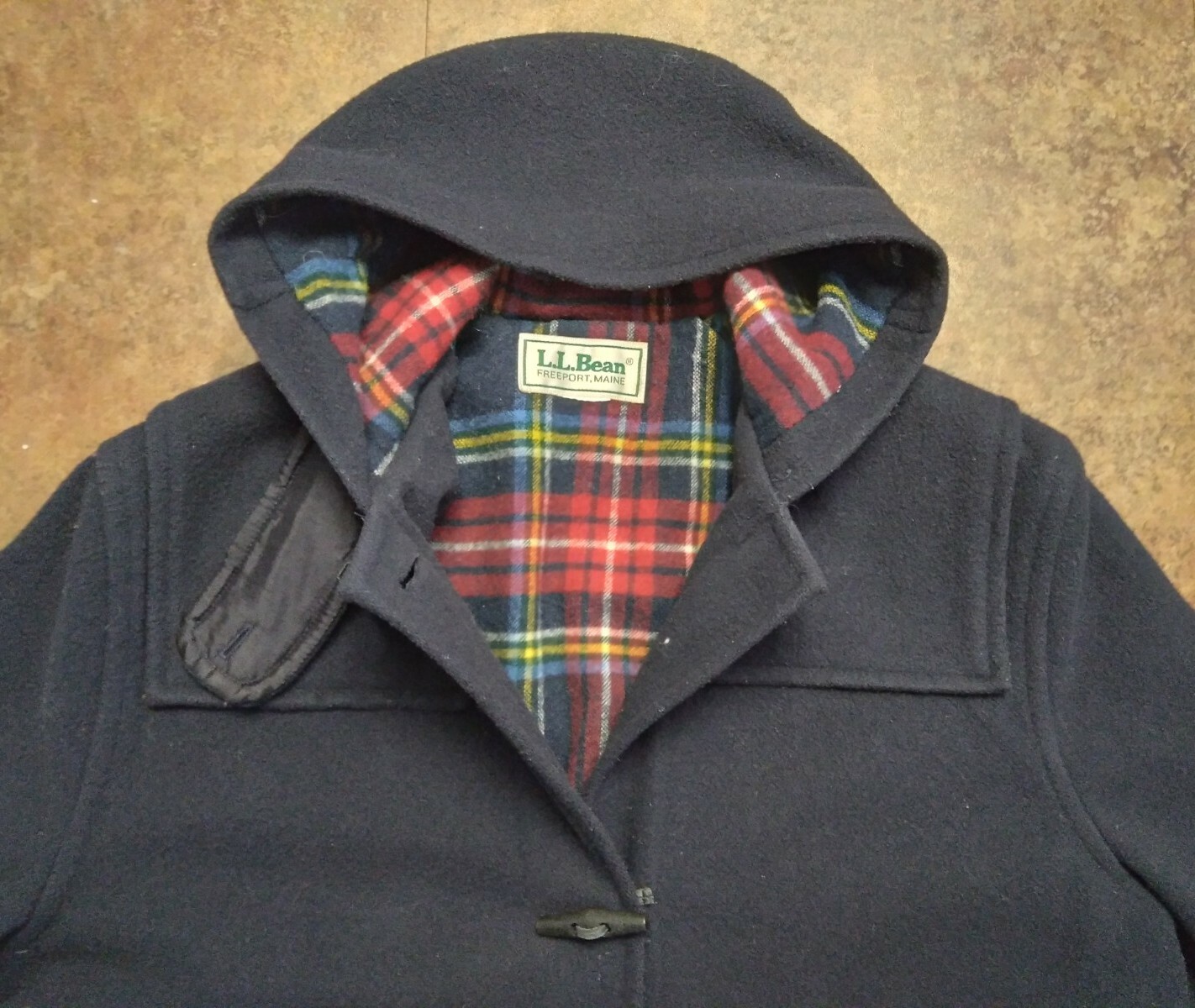 VTG L.L. Bean Women’s Sz S Wool Plaid Lined Toggle Duffle Trench Coat w Hood