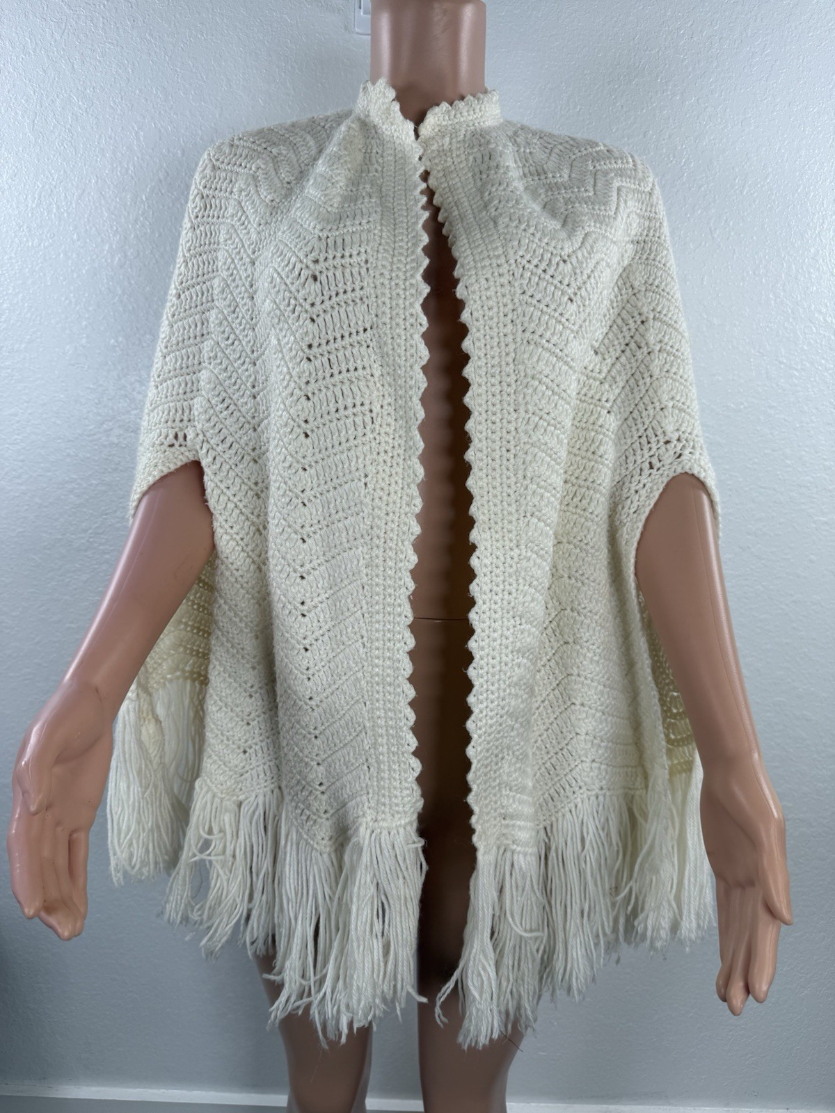 70s Vintage Crochet Off White Poncho Shawl Handmade Knit Wrap Boho Crocheted