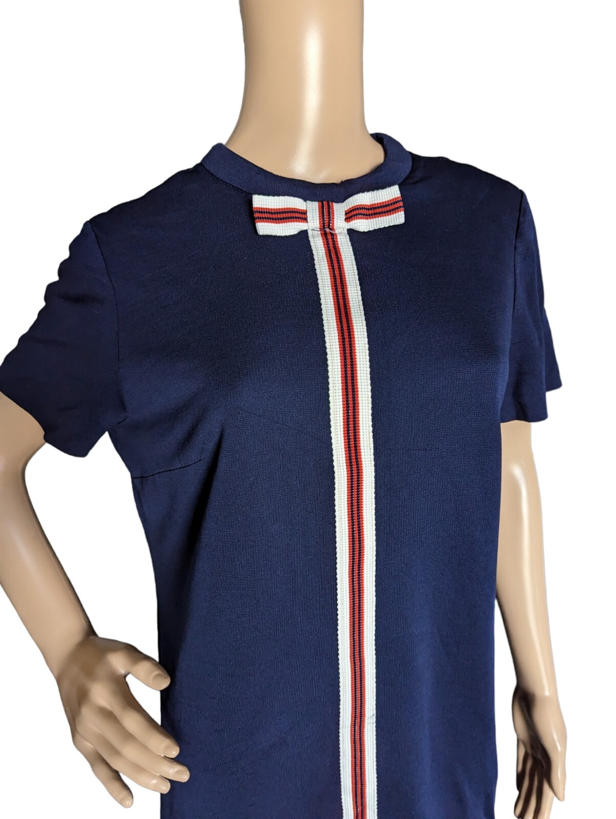 Vintage 60s Blue Gogo Mini Dress Gloria Swanson Forever Young Stripe & Bow Trim