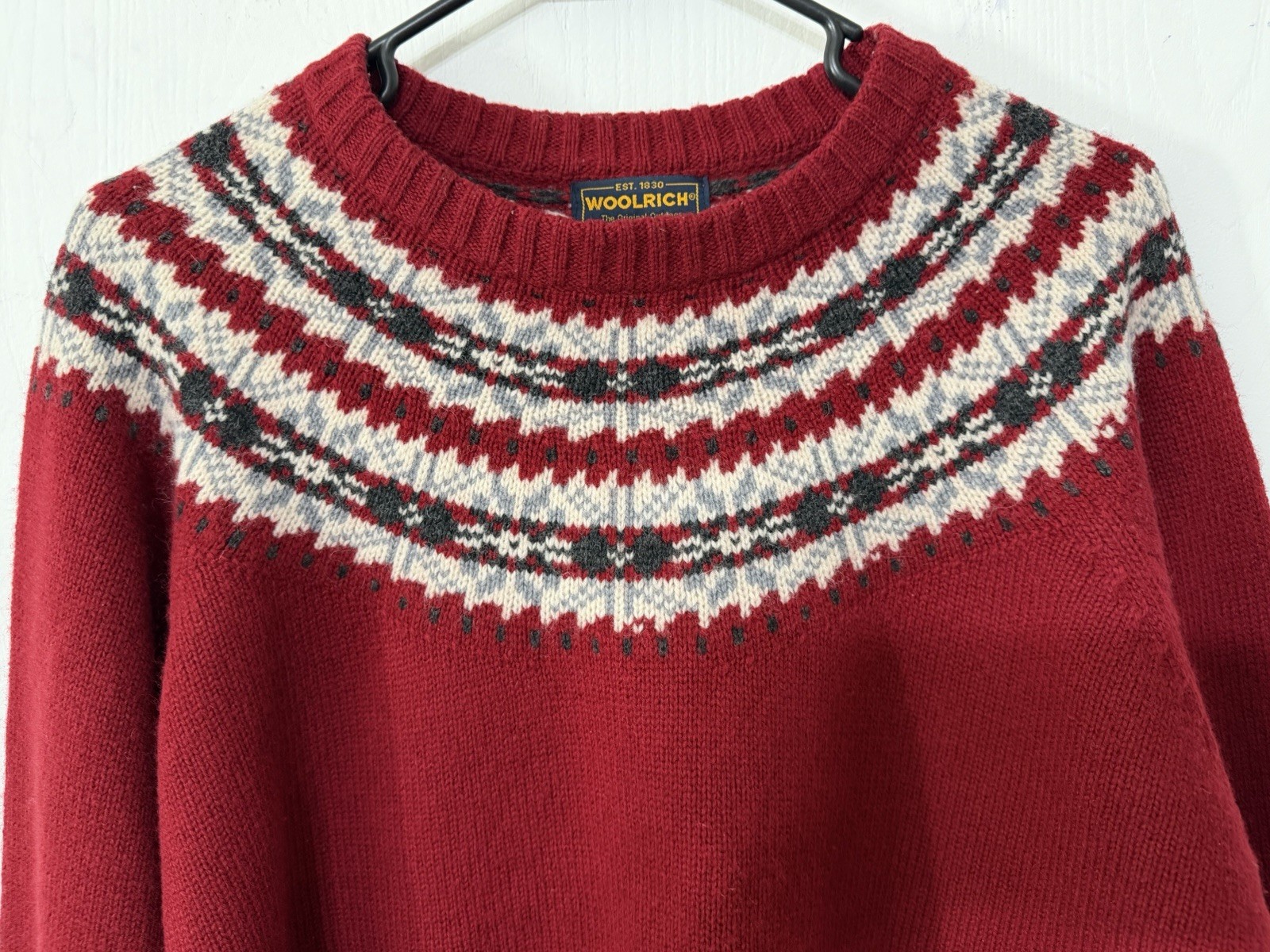 Vintage Woolrich Fair Isle Ruby Red Knit Sweater 100% Lambs Wool Size XL