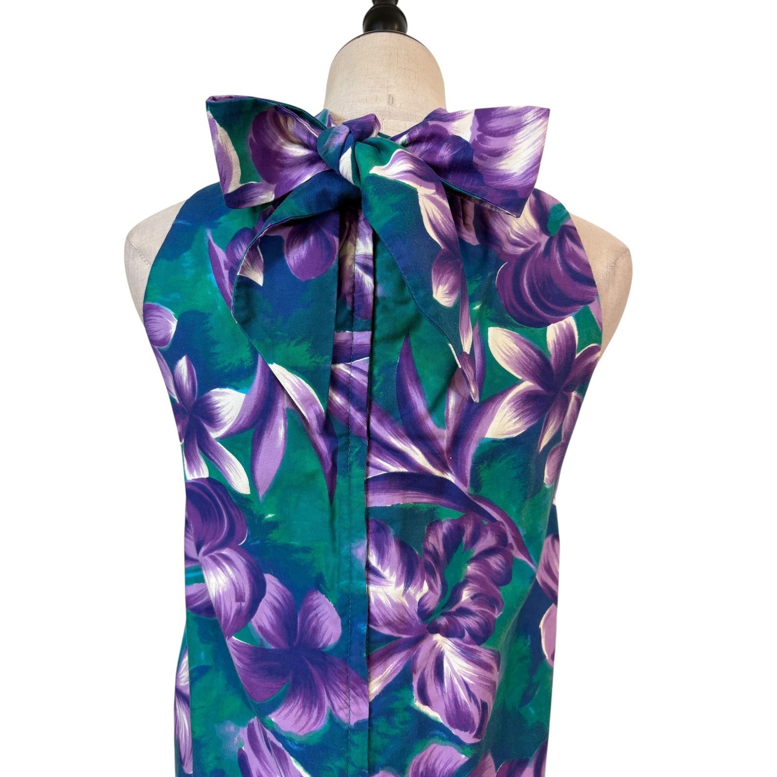 Vtg 60s 70s Fashions of Hawaii Dress Women sz s/m Teal Purple Floral Bow resort