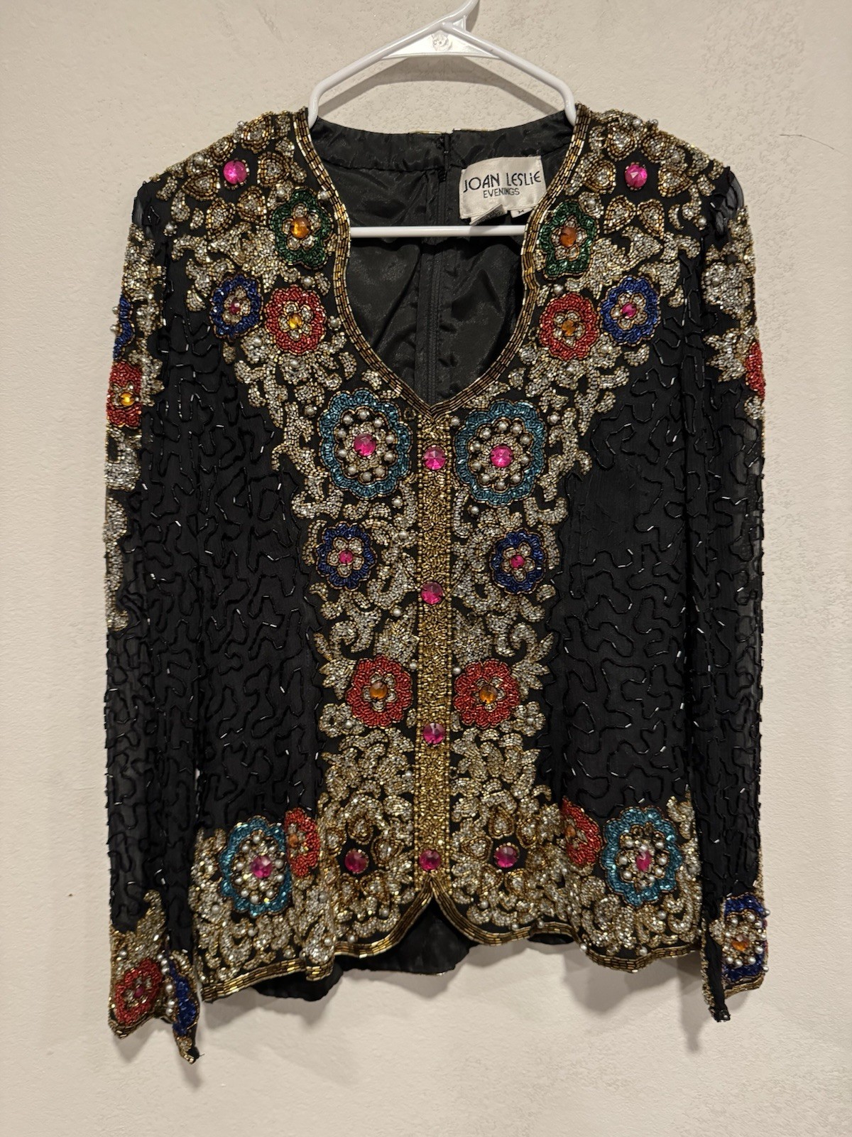 Joan Leslie Evenings Vintage 100% Silk Sequin Beaded Formal Blouse Top Size M