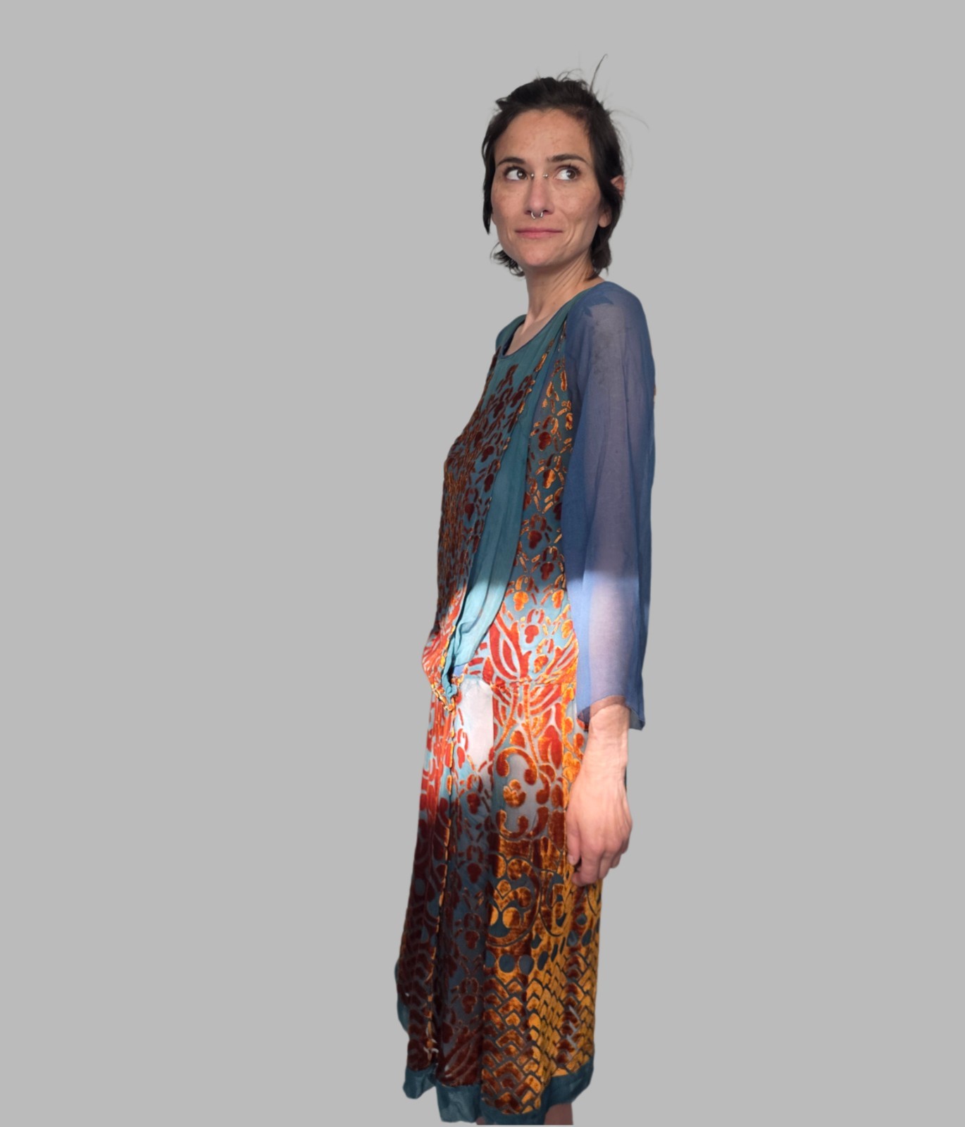 Authentic 1920s Silk Chiffon Burnout Velvet Dress | Art Deco Blue & Copper…