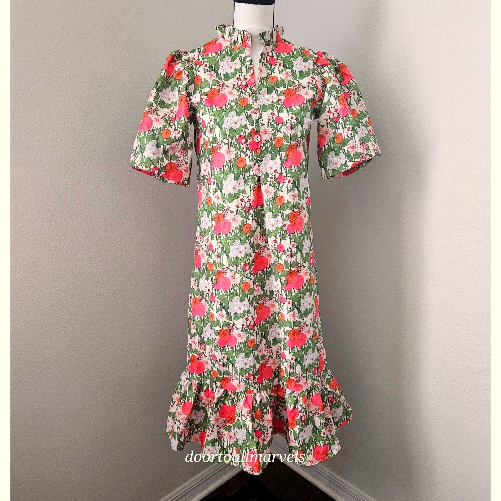 Multi Green Midi Dress Begonia Floral Puff Sleeve sz Small Cottage Prairie