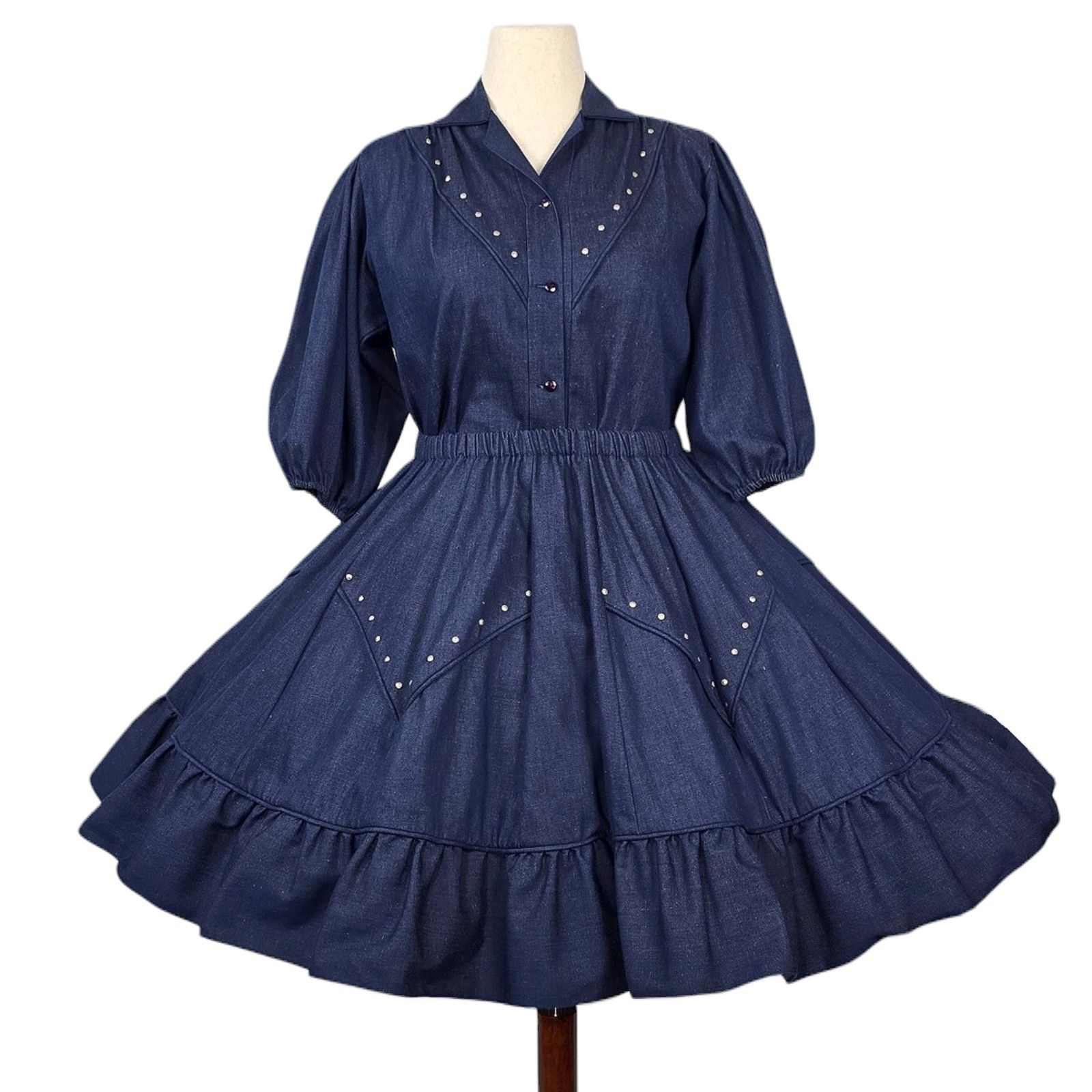 1970s Vintage Western Square Dancing Skirt & Blouse Matching 70s Set Large Denim