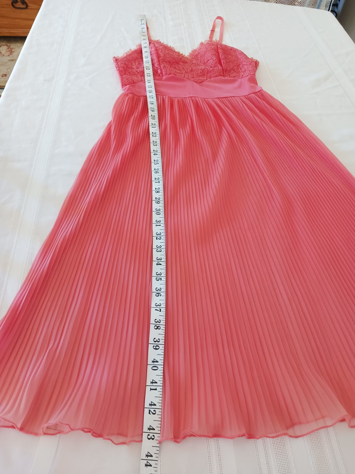 Vintage SEAMPRUFE Sz 34 Coral Pleat Lacy Chiffon Slip Lingerie Sexy Sheer Pinup