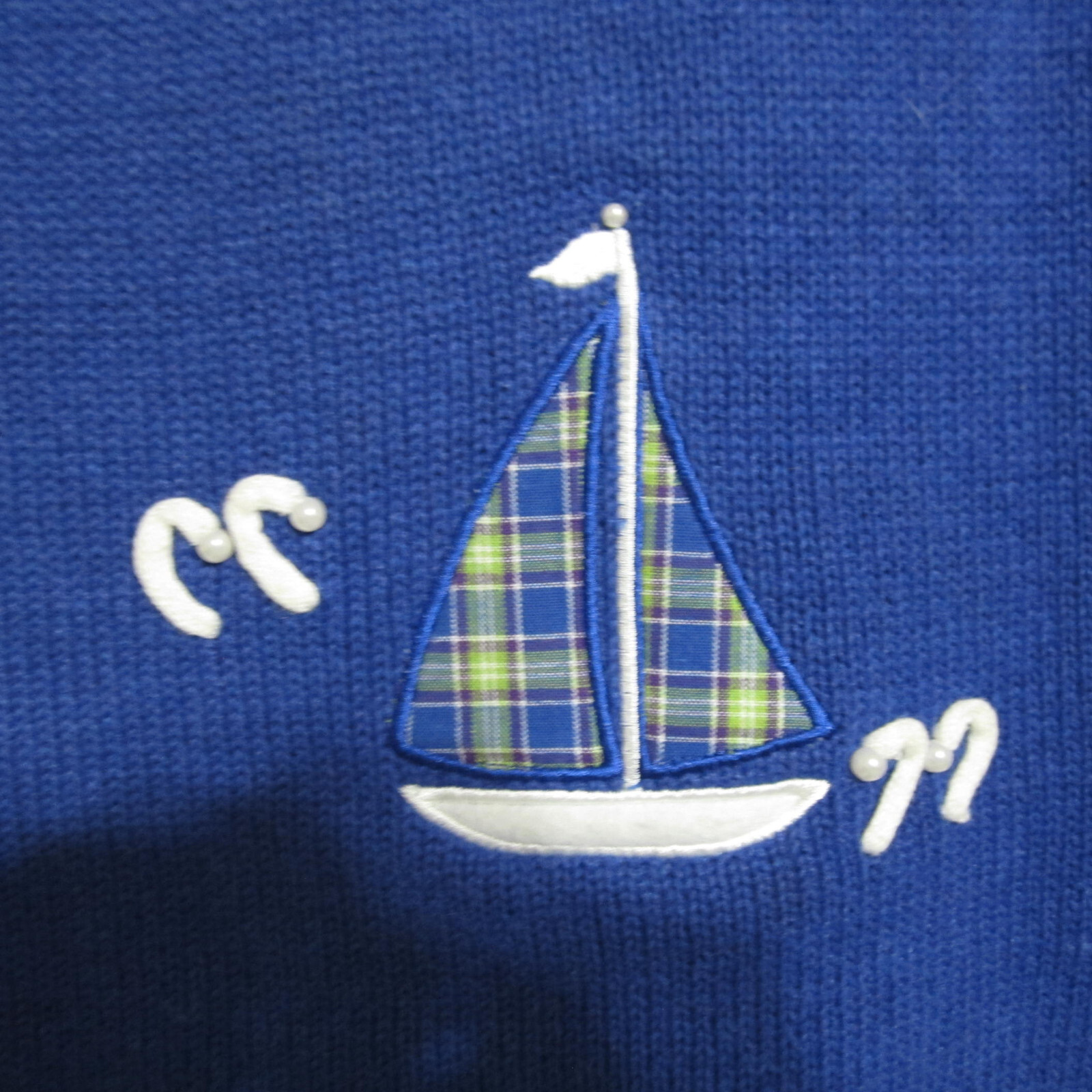 Vintage Mandal Bay Knit Vest Size S/P Blue with Plaid Sailboats & Beaded Detail