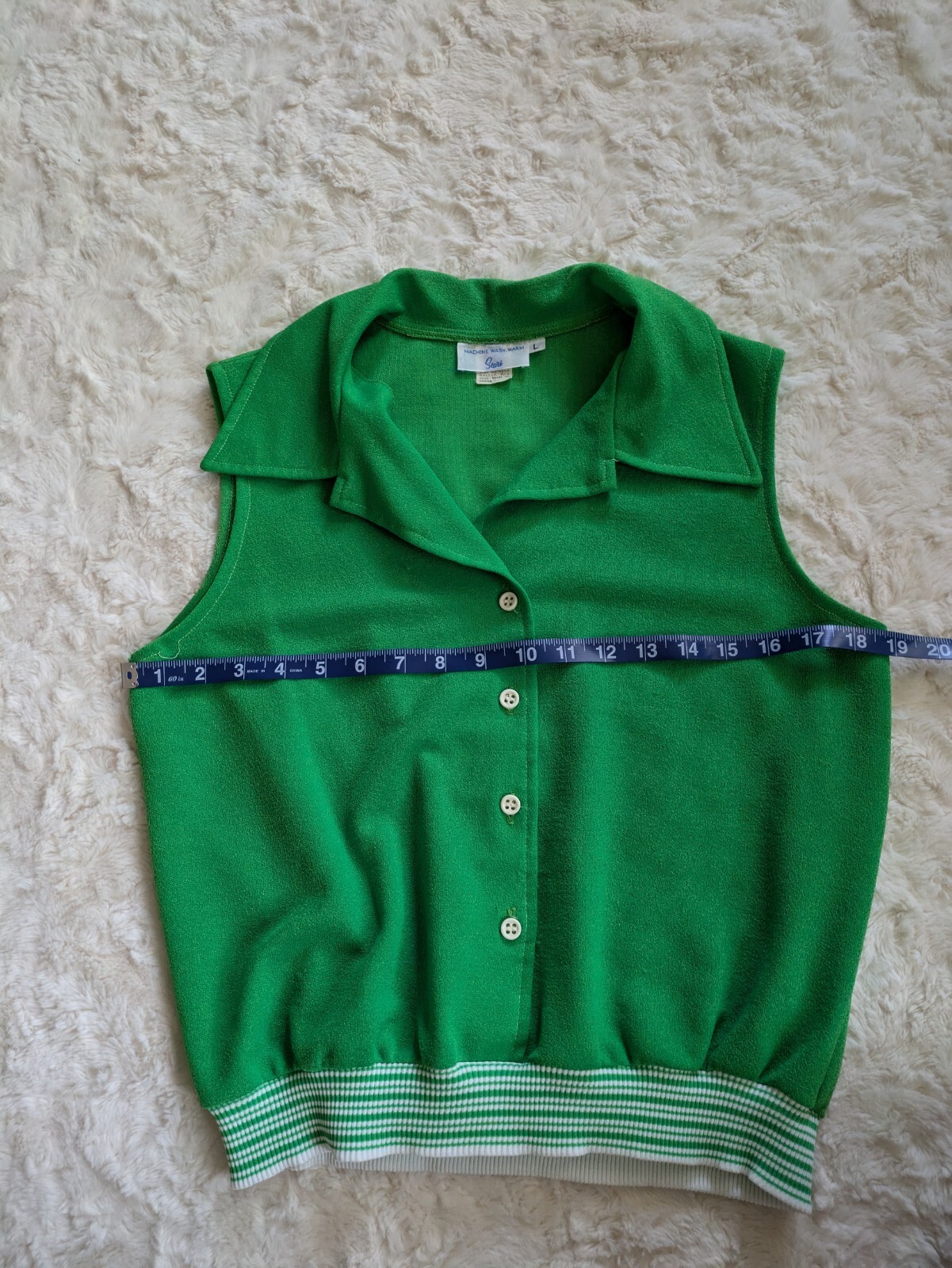 Vintage 60s Sears Polyester Double Knit Button Collar Sleeveless Top Cinch Waist