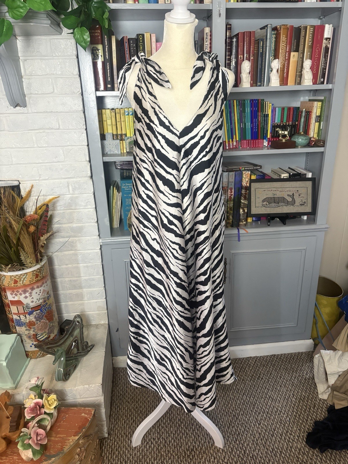 Vintage 1980s Bob Mackie Black & White Tiger Print Slip Dress Size Small