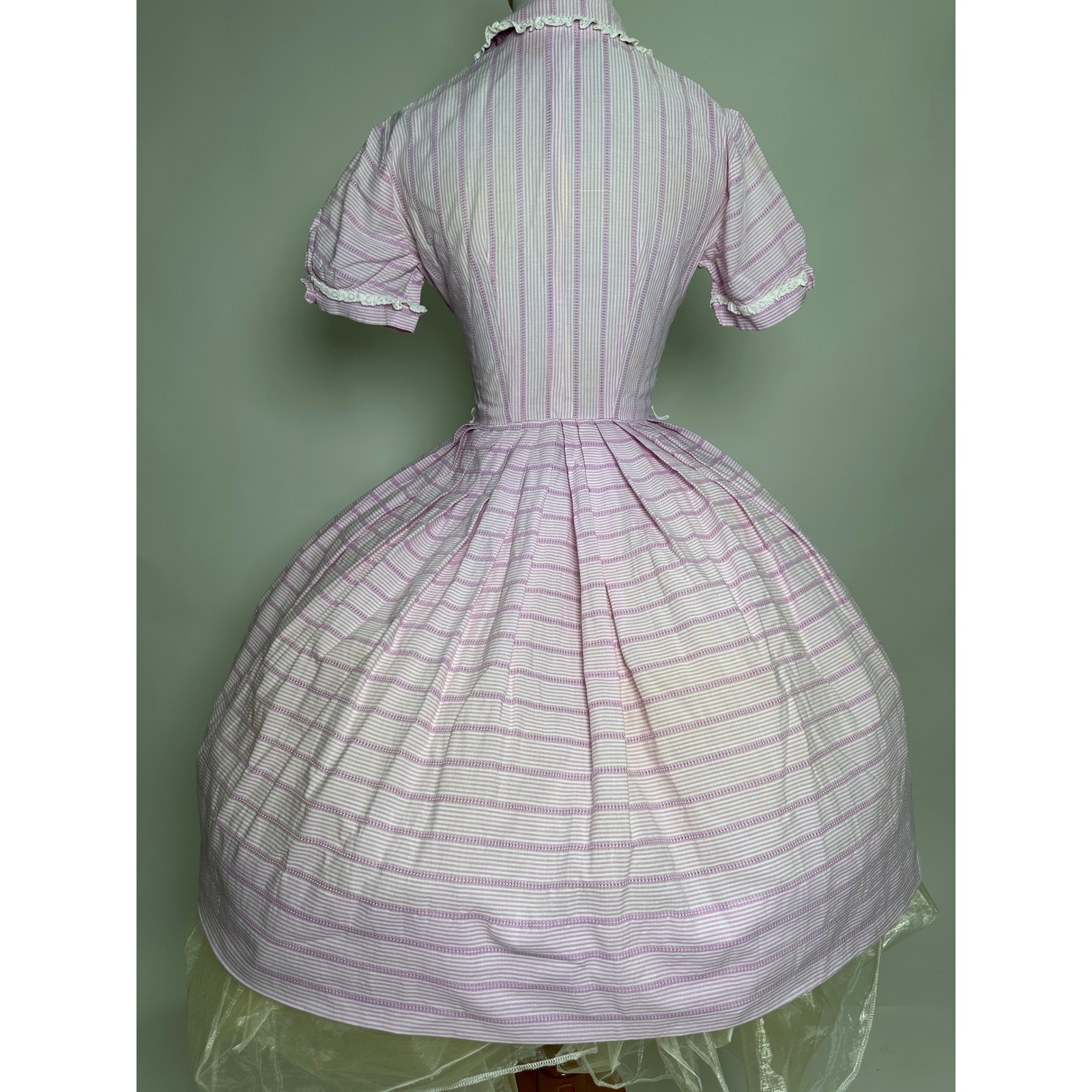 Cute Vintage 1950s Pixie of California Purple Candy Stripe Lace Ruffle Dress
