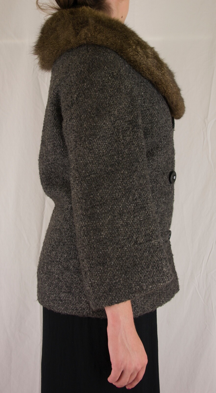 Vintage Mr. Carl Black, Brown & Grey Gray Wool  Jacket with Wide Fur Collar